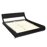 A stylish black bed frame constructed with wooden slats, ideal for enhancing a modern bedroom environment.